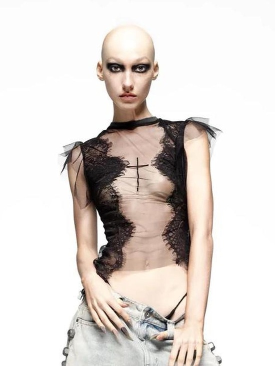 Miista Tops - Gothic Sheer Black Lace Paneled Mesh Top sz M